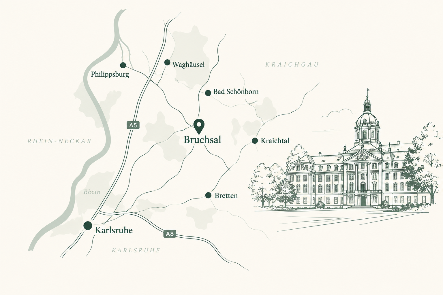 Einsatzgebiet von Südwest Immobilienmanagement rund um Bruchsal, Karlsruhe und den Kraichgau